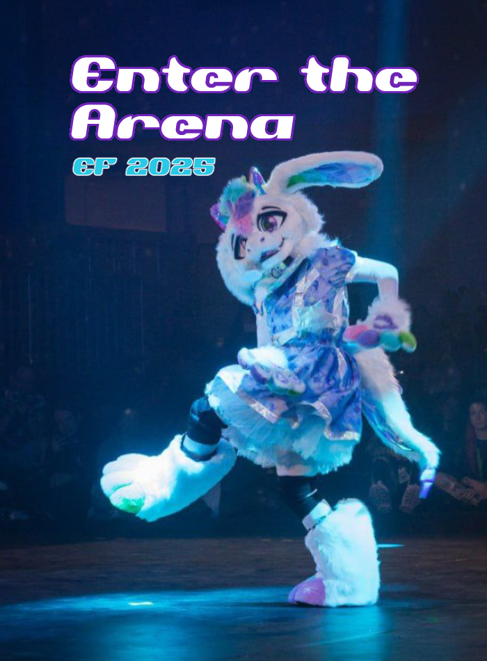 Riluxoria kicking the air with their arms on the other side and wearing a galaxy lolita dress with dark blue lights on the stage. Photo from Enter the Arena 2025 in Eurofurence