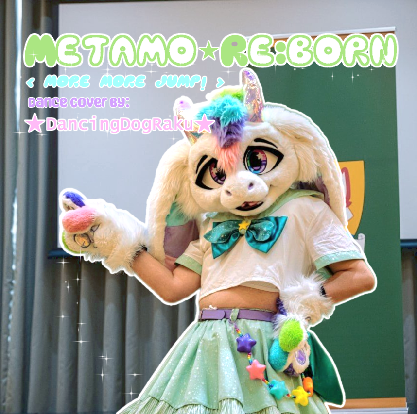 Riluxoria pointing very cutely with the title of the song name "Metamo Re:born"