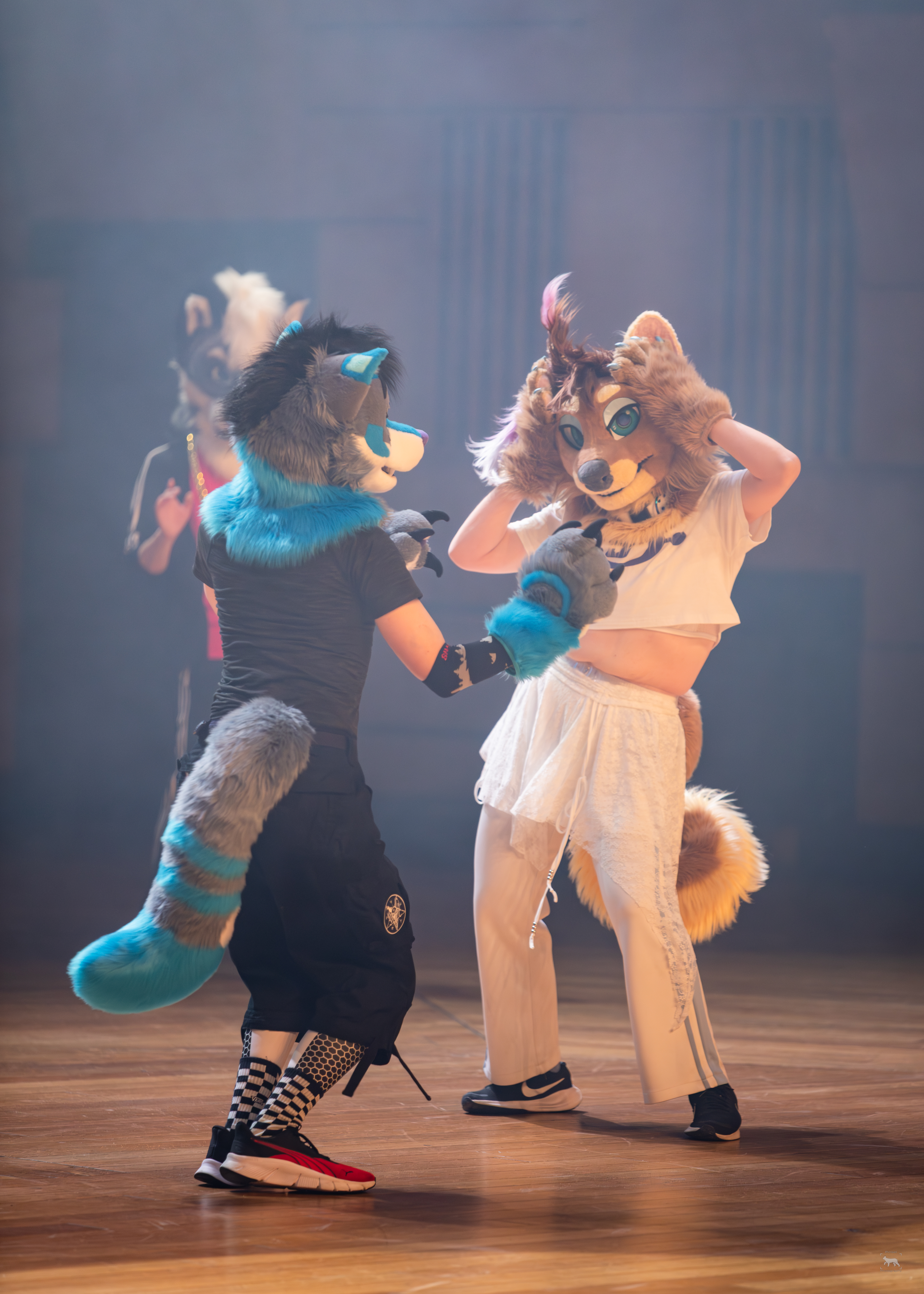 Pistacho and Rakukuru dancing together at Paws on Ice during NordicFuzzCon 2026